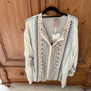 Johnny Was Cream and Blue Embroidered Blouse